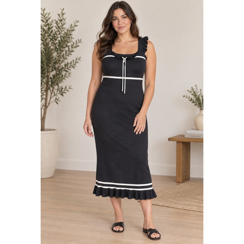 Venus Women Black White Ruffle Sweater Dress Midi Viscose Blend Size L